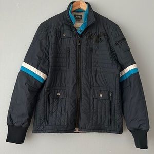 G Star Raw • Navy Blue Quilted Puffer Jacket With Retro Striping Size Large